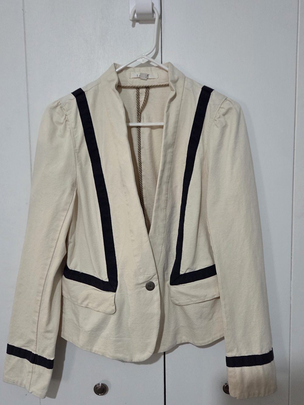 Ann Taylor LOFT Preppy Cream 100% Cotton Blazer Jacket Black Trim Size 10